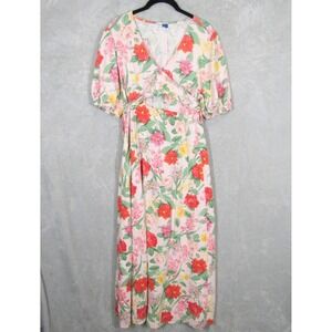 Old Navy Maxi Dress Large Linen Blend Floral Cut Out Puff Sleeve Twist Front